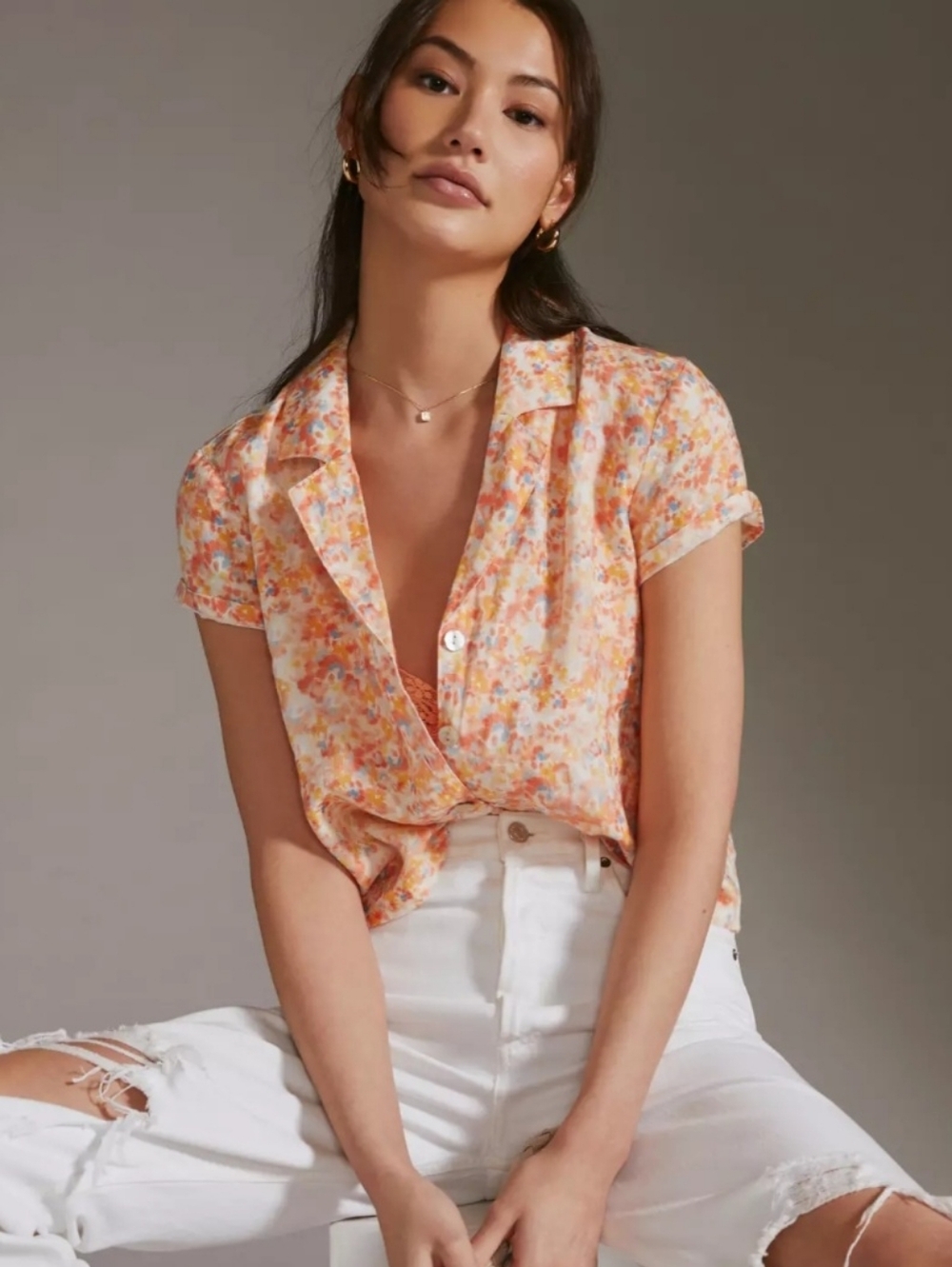 CLOTH AND STONE Boxy 100% Linen Surf Shirt Womens Size L Peach/Blue Floral